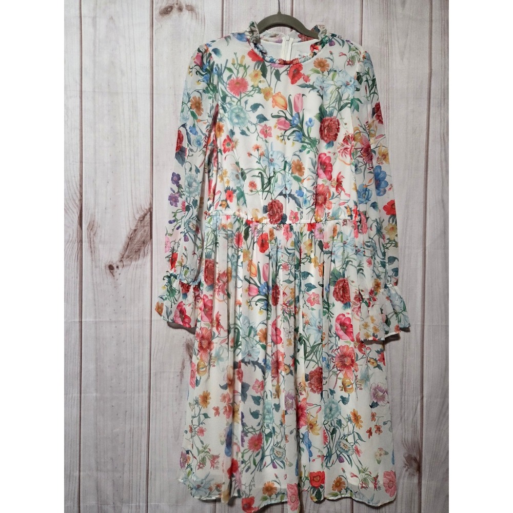 Gibson Latimer‎ Floral Chiffon Midi Dress Ruffle Neck Long Sleeve White Multi M
